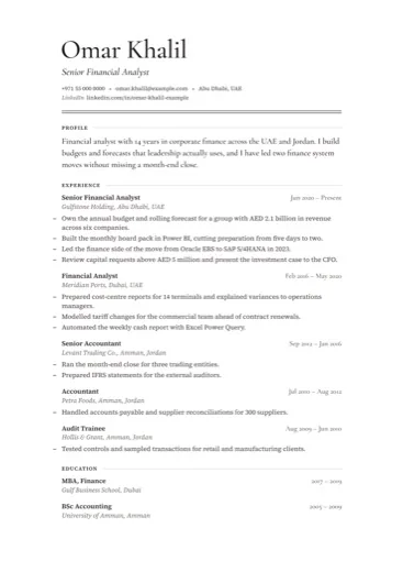 Editorial CV design with a serif name