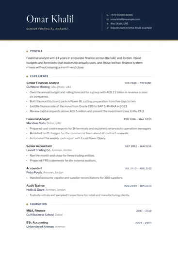 Executive CV design with a navy header