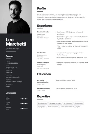 Noir CV design with a dark sidebar