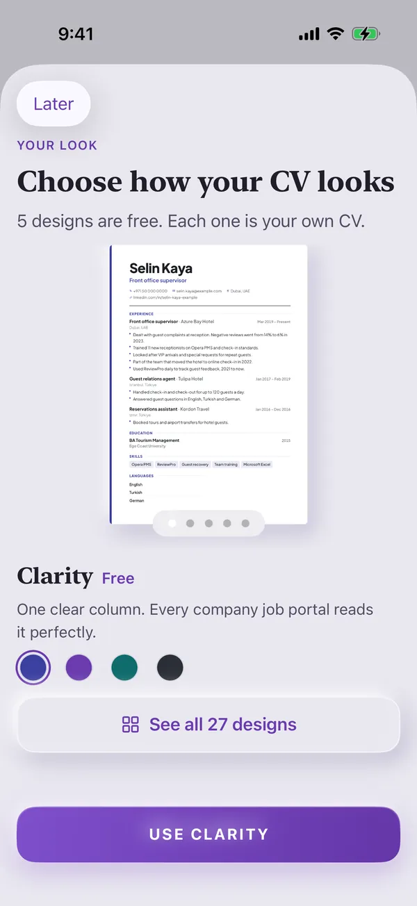 Sivio's 'Choose how your CV looks' screen, showing a CV in the free Clarity design