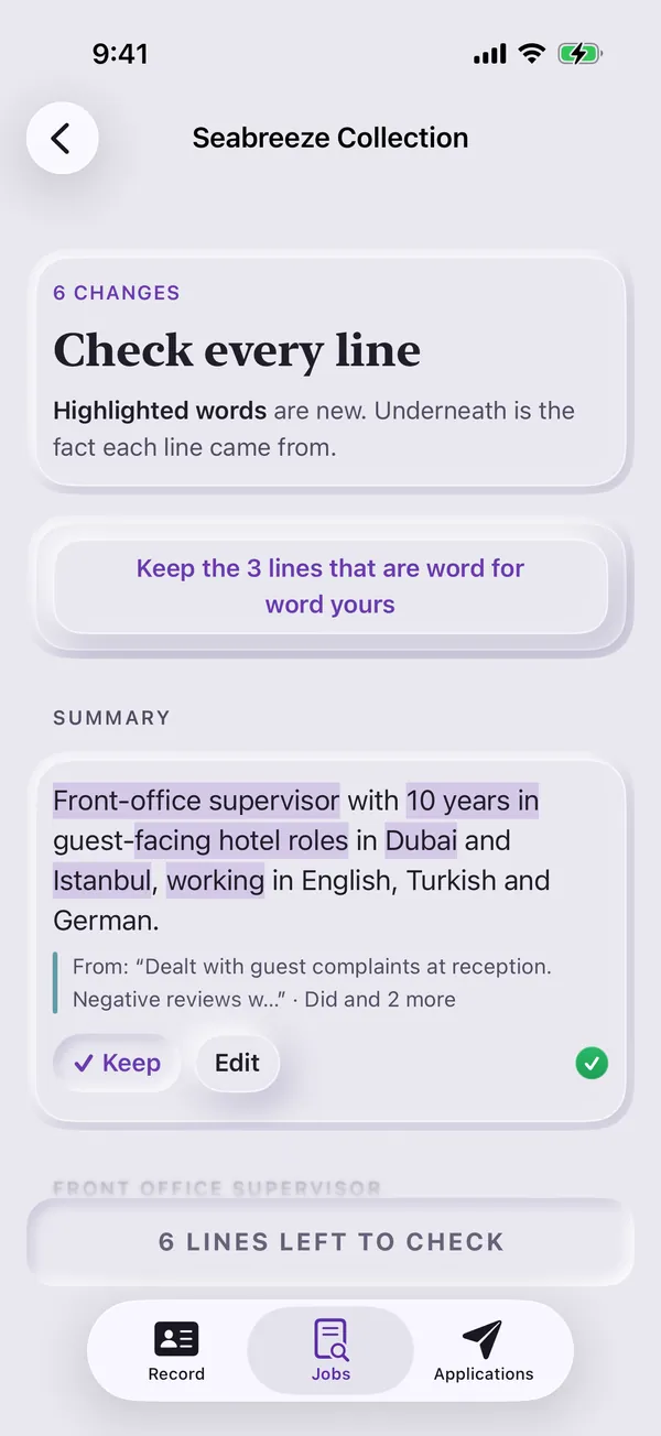 Check every line: new words highlighted, with the fact each line came from