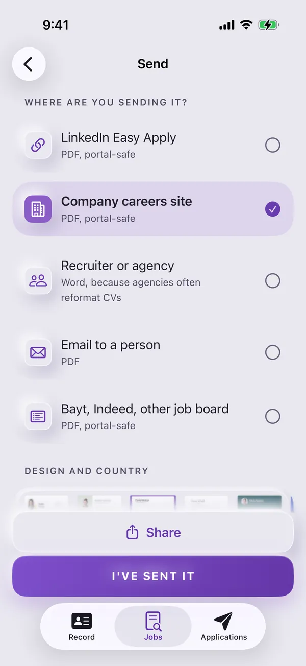 Send: choose LinkedIn Easy Apply, a company careers site, a recruiter, email or a job board