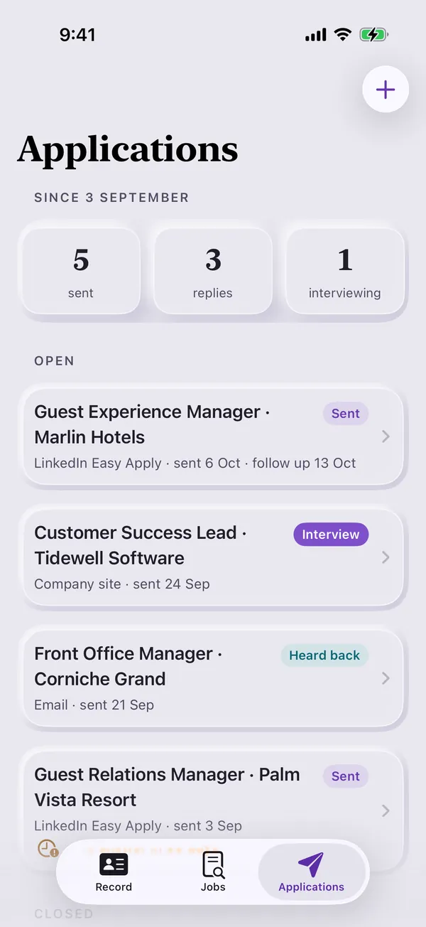 Applications: 5 sent, 3 replies, 1 interviewing, and each application's status